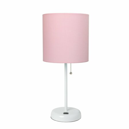 CREEKWOOD HOME Oslo 19.5in Contemporary USB Port Feature Metal Table Lamp, White, Light Pink Drum Fabric Shade CWT-2011-PO